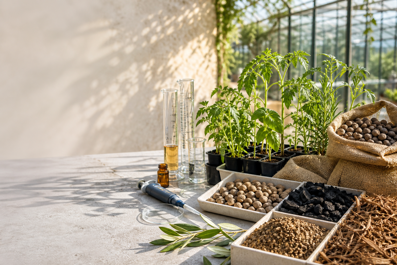 Plant seedlings, laboratory glassware, olive stones, biochar and natural growing materials